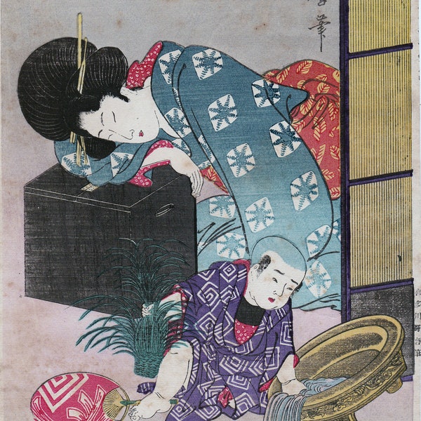 ESTAMPE Japonaise, Kitagawa UTAMARO, Mère et enfant bêtise, poissons rouges, ukiyo-e authentique