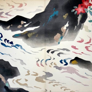 PITTURA GIAPPONESE Originale fatto a mano, opera unica, torrent, acquerello Giappone