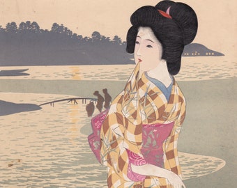 Japanese PRINT GEISHA, Courtesan, beauty, handmade woodcut JAPAN Original Meiji