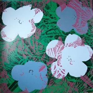 May include: A green background with pink and white flowers. The flowers are in a stylized, abstract design. The flowers are in shades of white, blue, and pink.