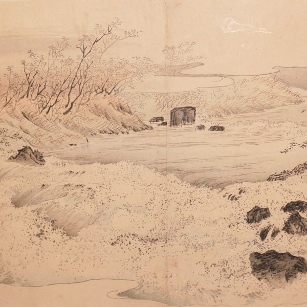 Estampe JAPONAISE ORIGINALE, Paysage rivière, cascade, Ukiyo-e, authentique gravure sur bois