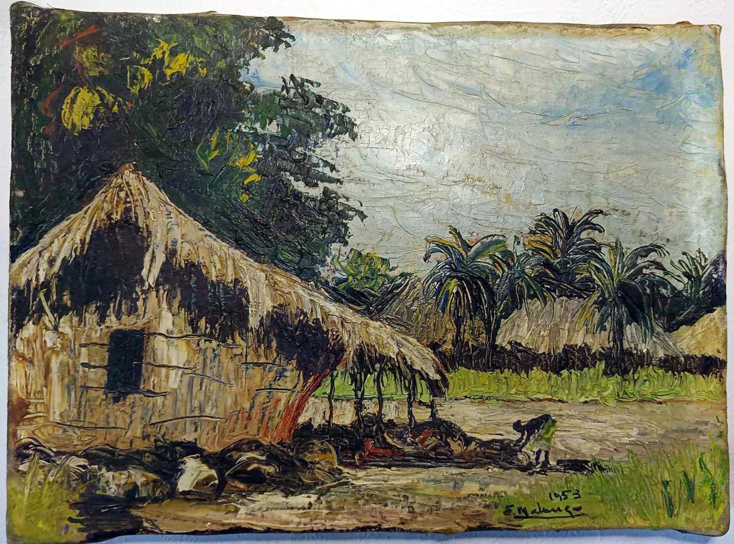 キャンバスに油絵 – アフリカの村 – ウジェーヌ・マロンガ (1930