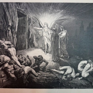 May include: A black and white engraving depicting a scene from Dante's Inferno. An angel with wings stands in a doorway, radiating light. Two figures stand behind the angel, while a group of figures are huddled together in the shadows.