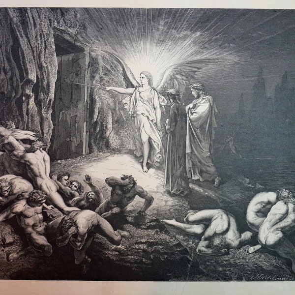 Gravure Gustave Doré 1865 ORIGINALE, ENFER Dante, Planche 28, Déchirure ! ange porte