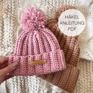 かぎ針編みビーニー | ポンポン付き帽子 | 全サイズ対応 | かぎ針編みパターン | ドイツ語 | 初心者向け