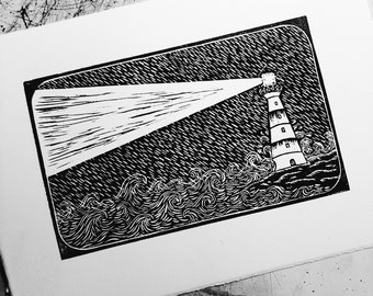 Lighthouse - Original linocut / Linoprint / Handmade Print / Wall hanging