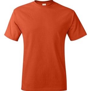 May include: A plain orange short-sleeved t-shirt.
