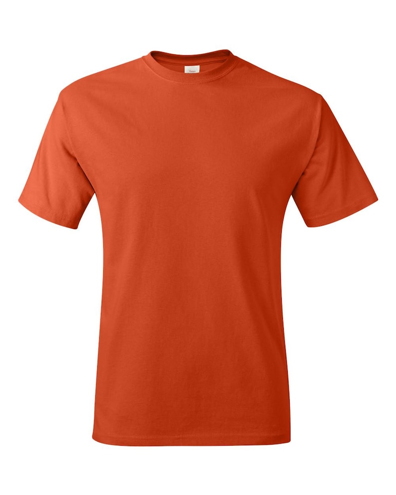 May include: A plain orange short-sleeved t-shirt.