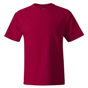 May include: A plain, short-sleeved t-shirt in a deep burgundy red color.