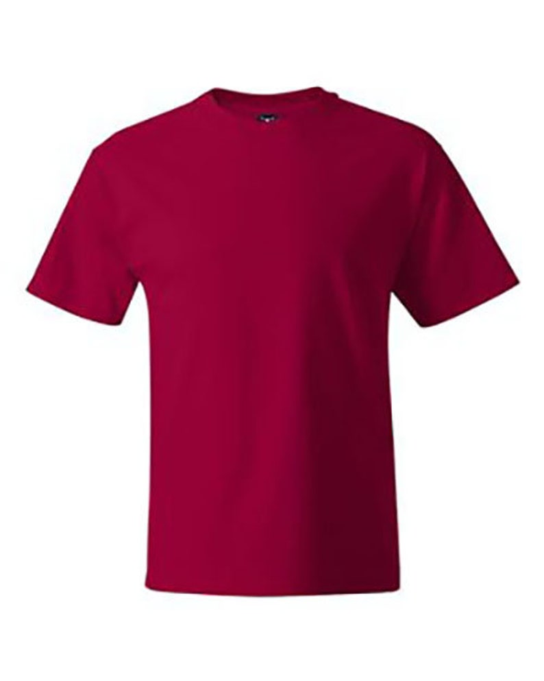 May include: A plain, short-sleeved t-shirt in a deep burgundy red color.