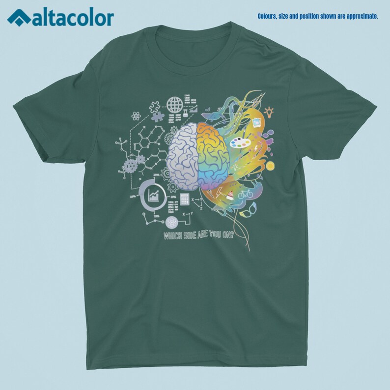 Puede incluir: Una camiseta verde azulada con un gr&aacute;fico de un cerebro dividido en dos mitades. Un lado est&aacute; lleno de formas abstractas coloridas y el otro lado est&aacute; lleno de s&iacute;mbolos y f&oacute;rmulas cient&iacute;ficas. El texto "WHICH SIDE ARE YOU ON?" est&aacute; impreso debajo del cerebro.
