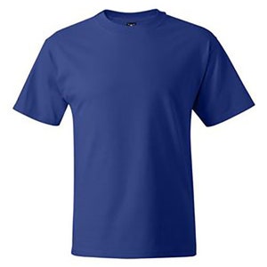 May include: A solid royal blue short-sleeved t-shirt.