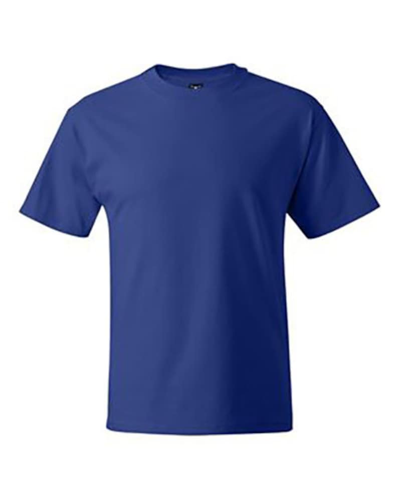 May include: A solid royal blue short-sleeved t-shirt.