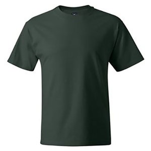 May include: A dark green short-sleeved t-shirt.