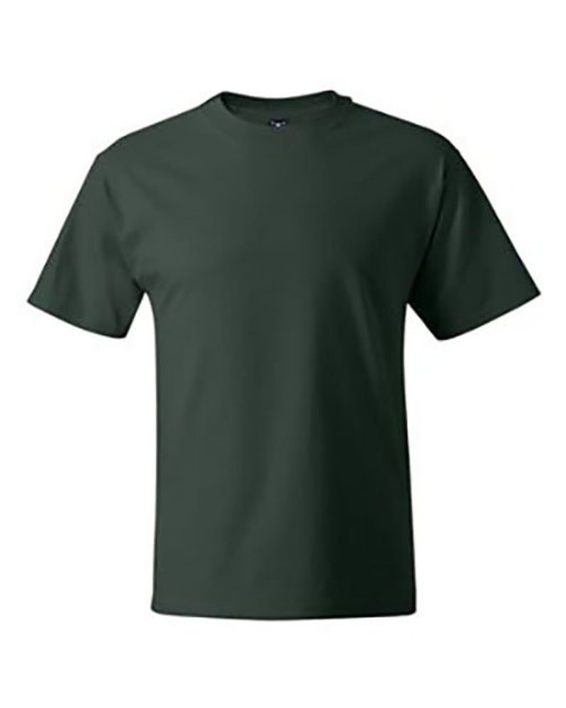 May include: A dark green short-sleeved t-shirt.