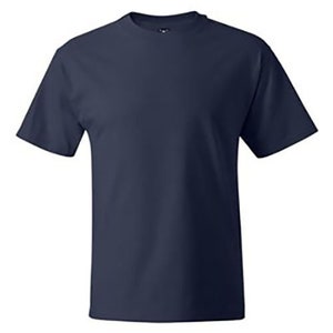 May include: A plain navy blue short-sleeved t-shirt.