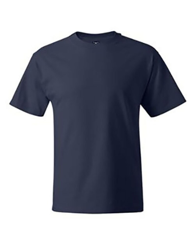 May include: A plain navy blue short-sleeved t-shirt.