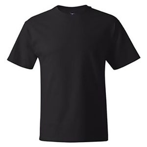 May include: A plain black short-sleeved t-shirt.