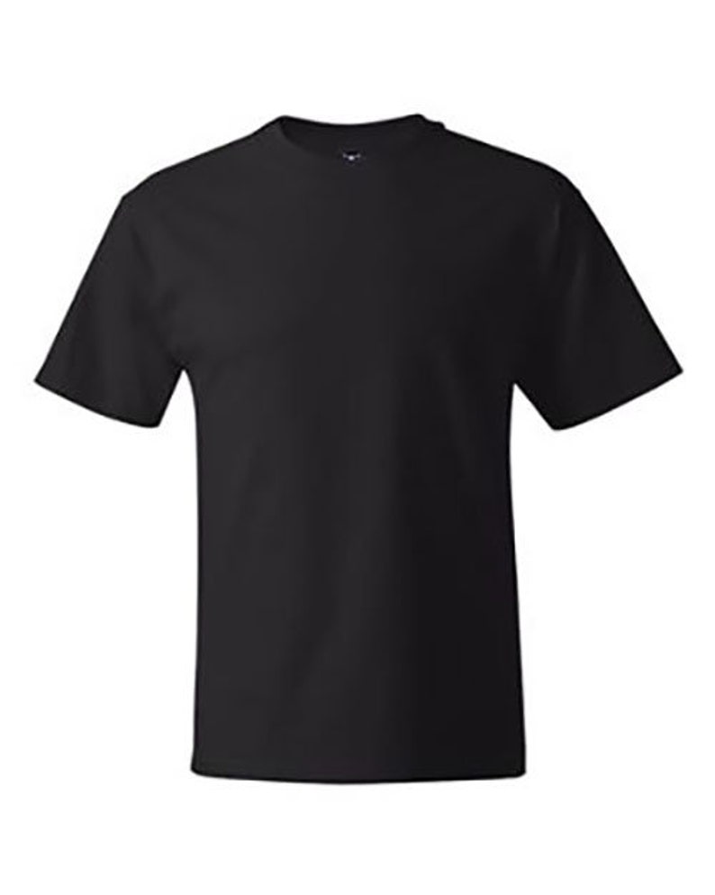 May include: A plain black short-sleeved t-shirt.