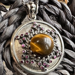 Handmade Sterling Silver, Tigers Eye, and Ruby Pendant