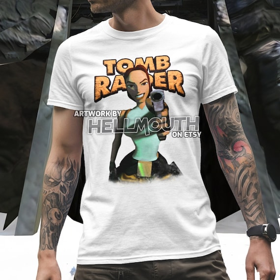 Tomb Raider Lara Croft - White T-shirt. 90's. Retro Gaming. Male