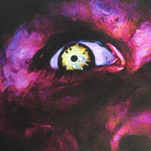 May include: A close-up of a purple and yellow eye with a black pupil. The eye is surrounded by a dark purple and black background.