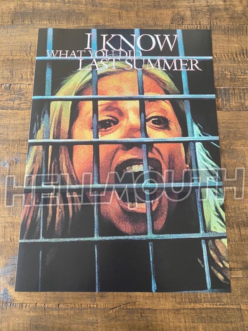 May include: A woman's face is shown through a set of bars. Her mouth is open in a scream. The text "I KNOW WHAT YOU DID LAST SUMMER" is above her.