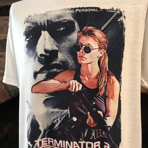 Terminator 2 Arnold Schwarzenegger, Linda Hamilton, Sarah Connor White T-Shirt. Men's & Women's all Sizes image 1