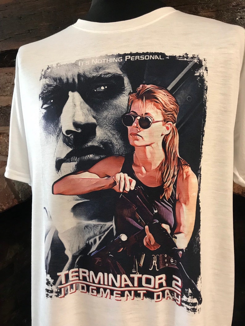 Terminator 2 Arnold Schwarzenegger, Linda Hamilton, Sarah Connor White T-Shirt. Men's & Women's all Sizes image 1