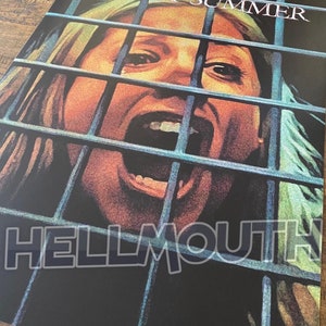 May include: A movie poster for the horror film "I Know What You Did Last Summer" featuring a woman's face behind bars with a distressed expression. The text "I Know What You Did Last Summer" is in white letters on a black background. The word "HELLMOUTH" is in white letters on a black background.