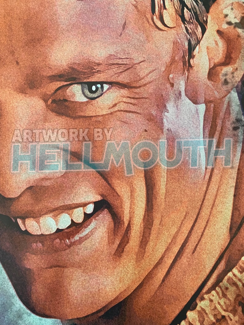 May include: Close-up of a man's face with a wide smile, showing his teeth. The man has a weathered, tanned complexion and a few wrinkles around his eyes. The background is blurred and out of focus. Artwork by HELLMOUTH.