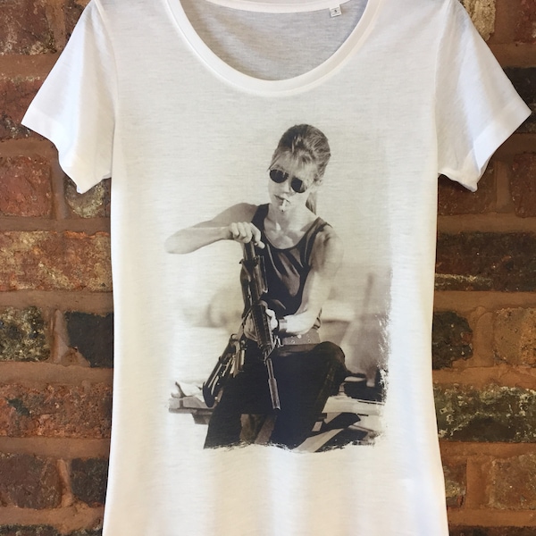 Terminator 2 - Linda Hamilton, Sarah Connor - wit T-shirt. Alle maten heren en dames