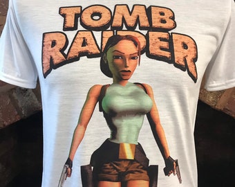 Tomb Raider - Lara Croft - White T-Shirt. 90's. Retro gaming. Male & Female all sizes. Custom Made. Game.