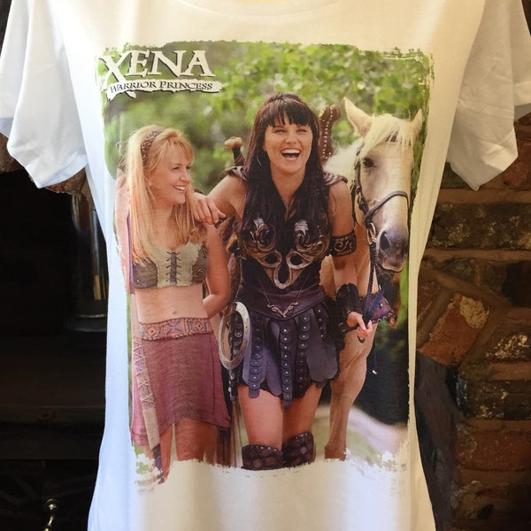 Xena Warrior Princess - Xena and Gabrielle White T-Shirt. Men's and Women's Sizes. Lucy Lawless, Renee O'Connor
