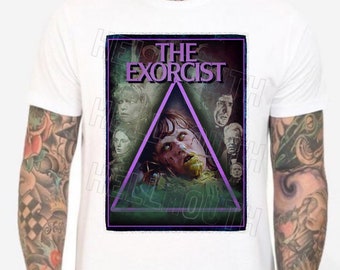 The Exorcist - White T-shirt. Regan Macneil, Linda Blair, Ellen Burstyn, Jason Miller, Max Von Sydow. Men's & Women's all sizes. Horror.