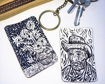 Leather hand painted keychains Van Gogh and Sunflowers