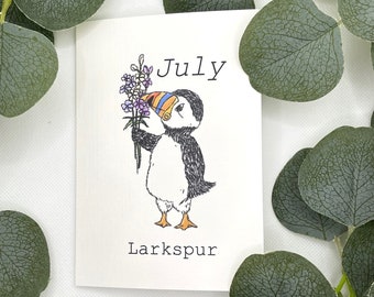 July birth flower puffin greetings card.