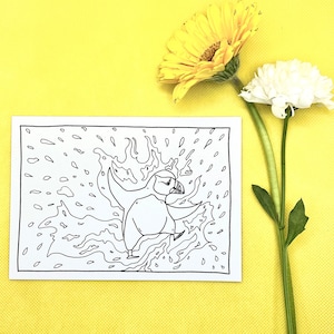 Carte postale à colorier joyeux macareux, coloriage, carte d'amoureux des macareux.