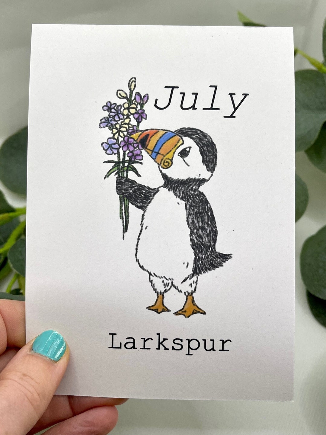 July Birth Flower Larkspur Puffin Notelet. - Etsy