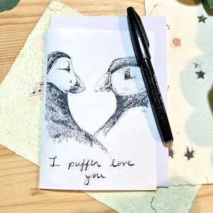 Puffin lovers greetings card. Puffin valentines day card. Puffin anniversary card. Wedding card for puffin lovers.