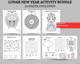 May include: A black and white printable activity bundle for Lunar New Year. The bundle includes a dragon mask, maze, coloring page, word search, I spy, design your own lantern, word scramble, and more.  The text "INSTANT DOWNLOAD PDF" is in red.