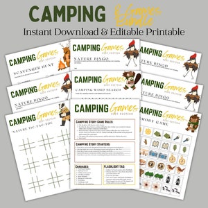 Paquete de juegos de camping / Juegos de fogatas / Juegos de camping imprimibles / Actividades de camping / Búsqueda del tesoro en camping