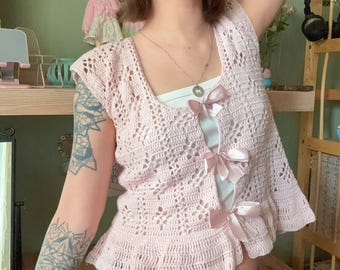 Handmade Crochet Crop Top Pink Bow Corset, Coquette Style