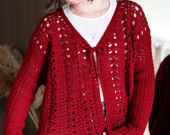 Handmade Red Crochet Cardigan | Soft Cotton Acrylic Blend | Size M-L-XL Christmas gift