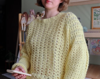 Handmade Crochet Sweater Yellow Cotton Angora Openwork Knit Pullover, Cottagecore Style