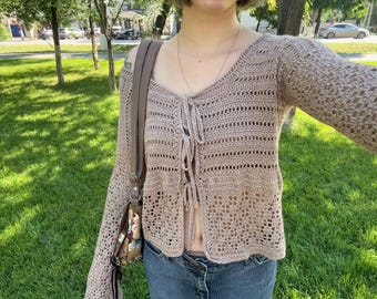 Soft Viscose Crochet Blouse with Adjustable Ties – Handmade Boho Top