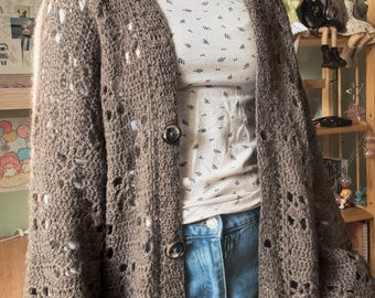 Handmade Crochet Alpaca Cardigan Natural Brown Buttoned Cardigan  Cozy Oversized Knit