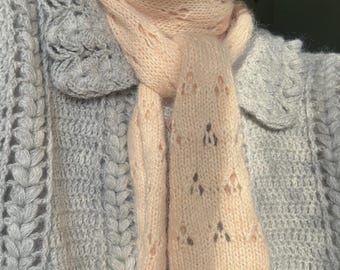 Handmade Angora Lace tie, Beige Crochet Skinny Scarf, Cottagecore Accessory Christmas gift