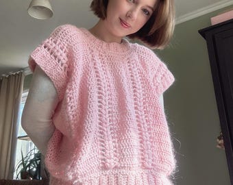 Handmade Crochet Sweater Vest, Pink Mohair Cotton Knit Top, Coquette Outfit, Christmas gift