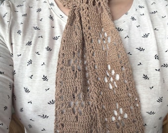 Vintage Inspired brown Cotton Scarf – Lightweight Crochet Lace Christmas gift